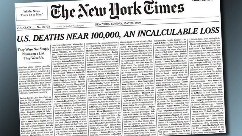 La portada del The New York Times con los nombres de mil víctimas de coronavirus