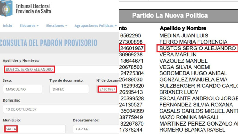 Insólito: un candidato a diputado provincial tiene domicilio en Salta