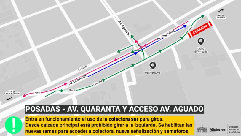 Travesía Urbana de Posadas: se deberá girar desde colectora en avenida Quaranta y Aguado